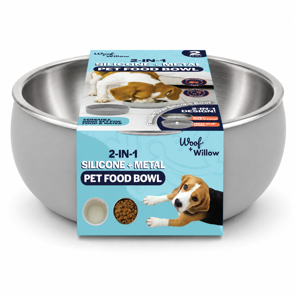 2 Piece - 2in1 Silicone and Steel Pet Bowls